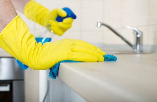 Cleaner inspecting a carpeted room before work begins
